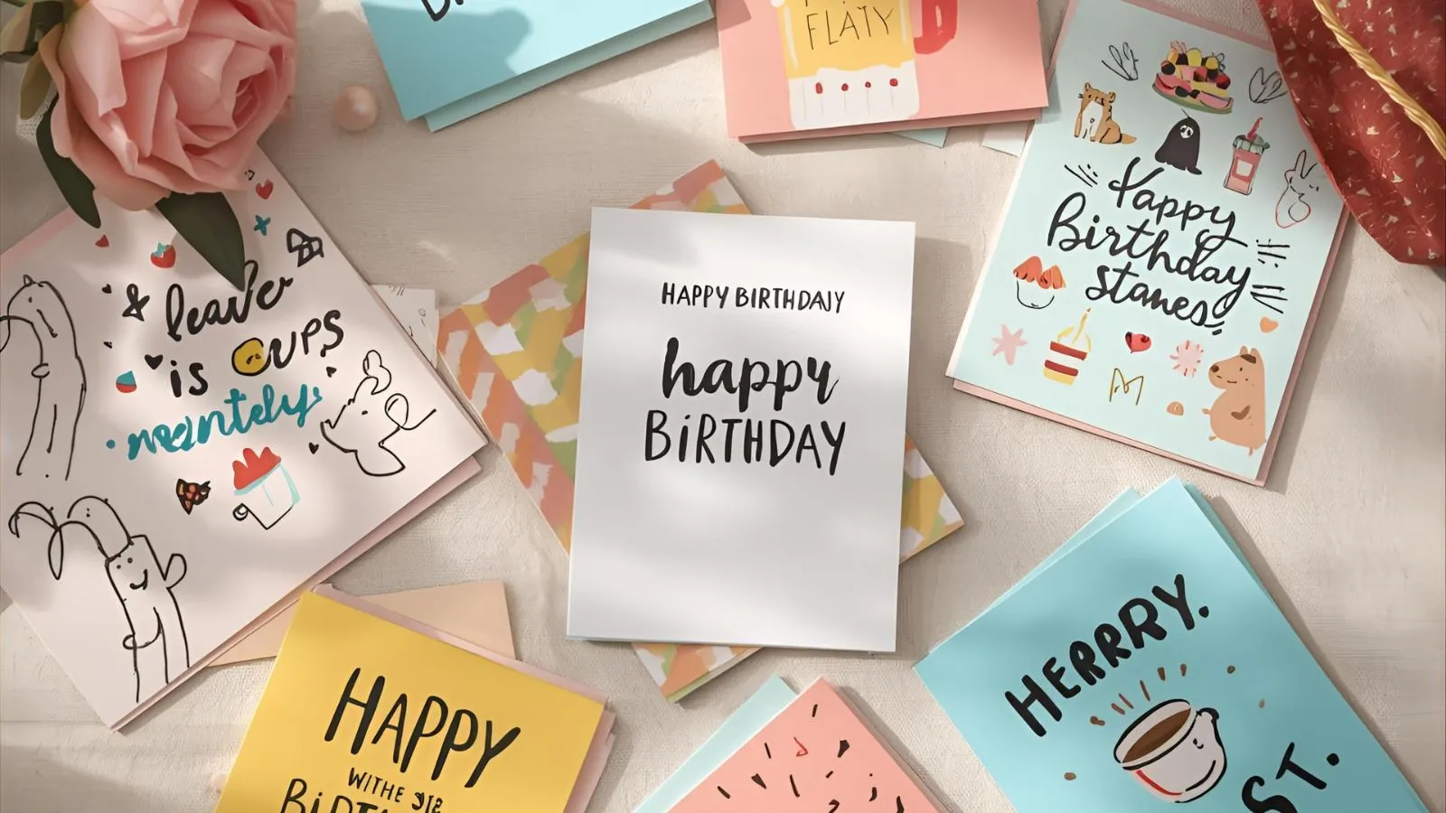 “Assorted birthday cards with handwritten puns and doodles of cake, coffee, and animals.”