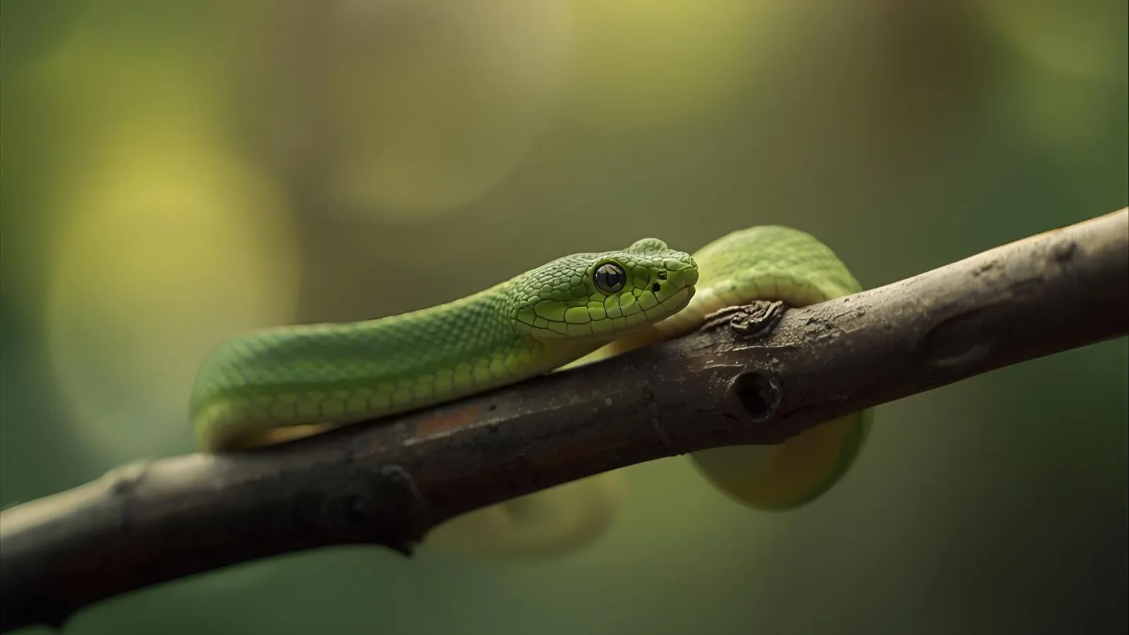 Green snake resting on a branch with soft forest background.
