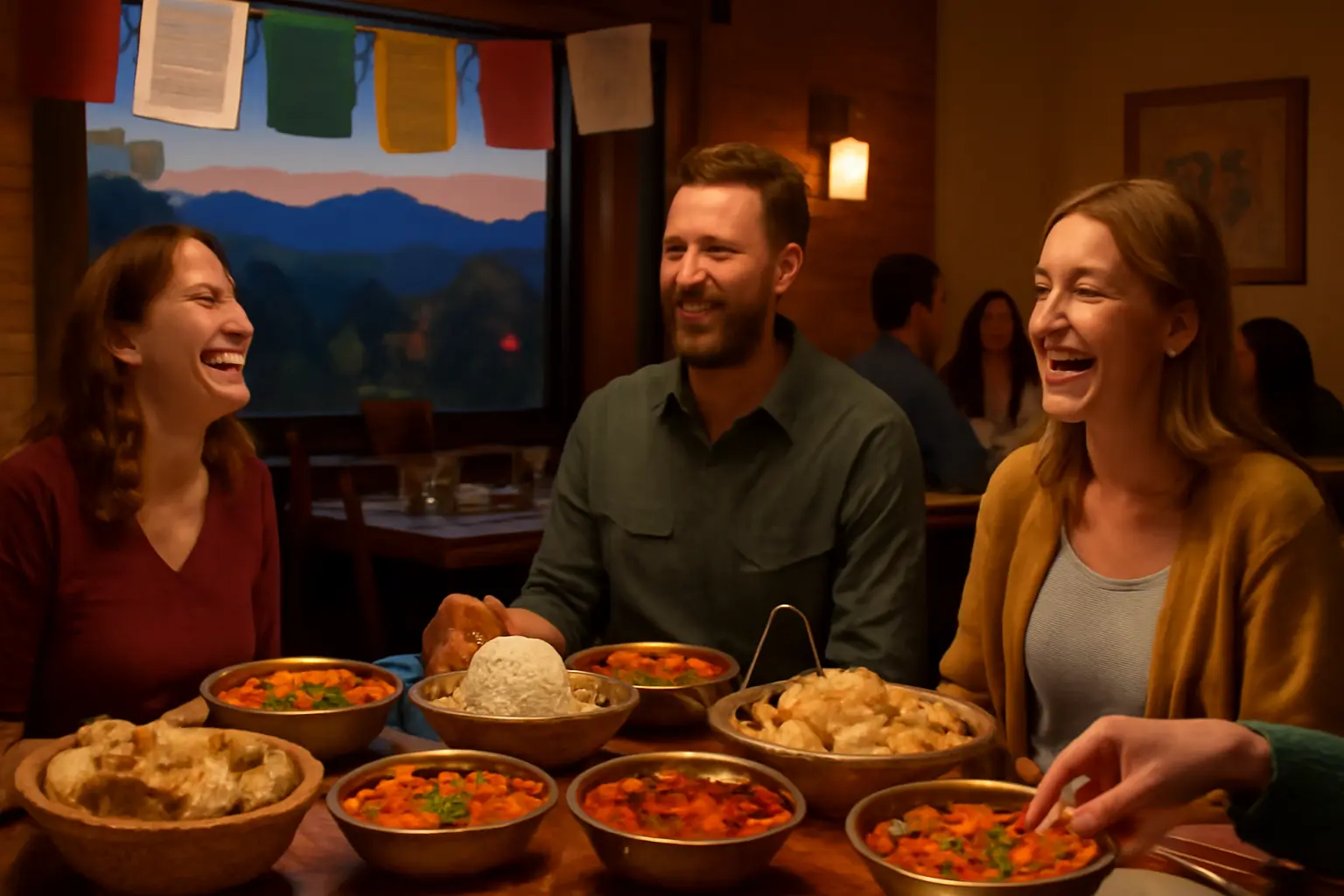 Guests sharing bright Nepali and Indian dishes in a warm Montrose dining room with Himalayan mountain décor.