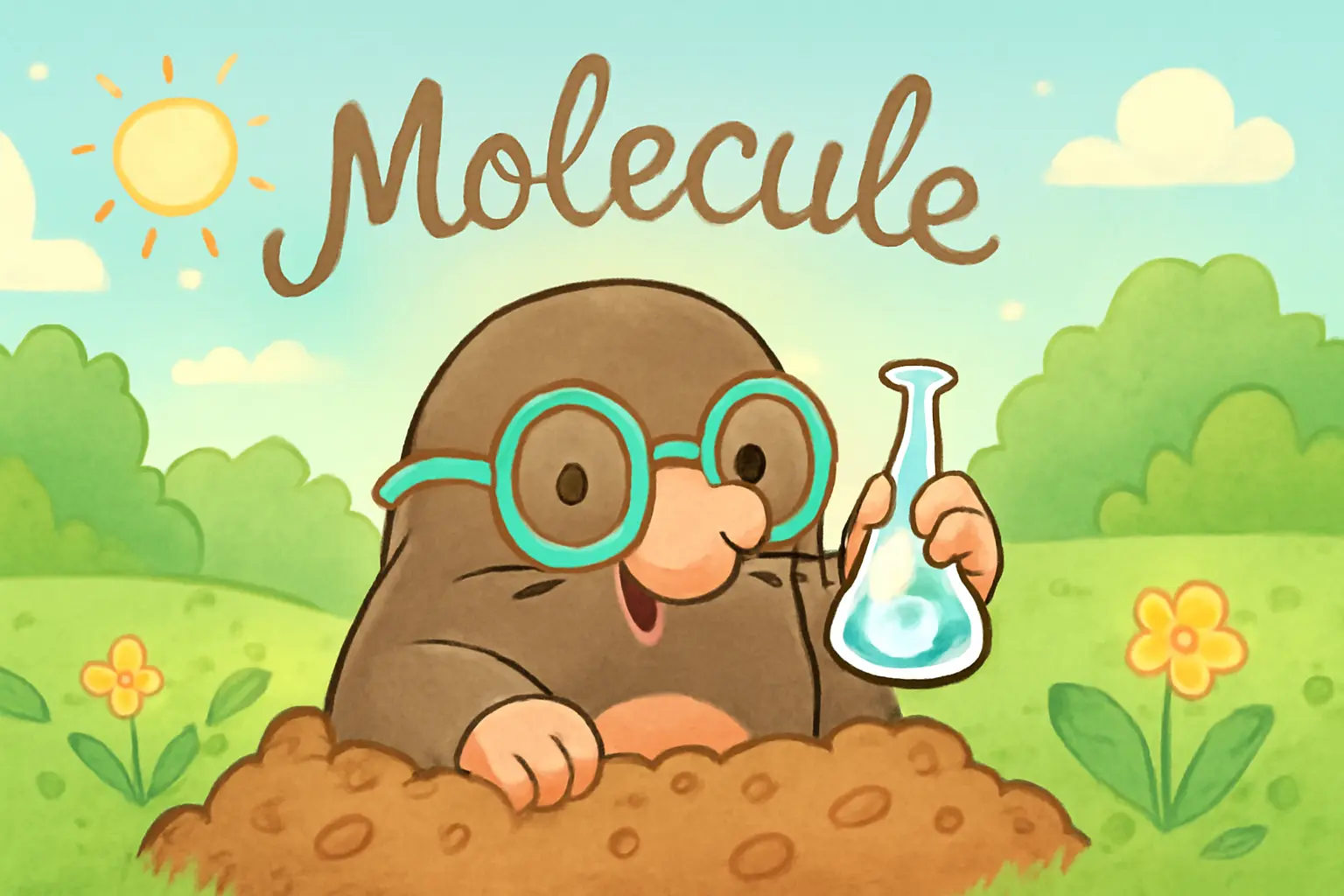 “Cartoon mole with glasses and a beaker popping out of a garden mound playfully.”