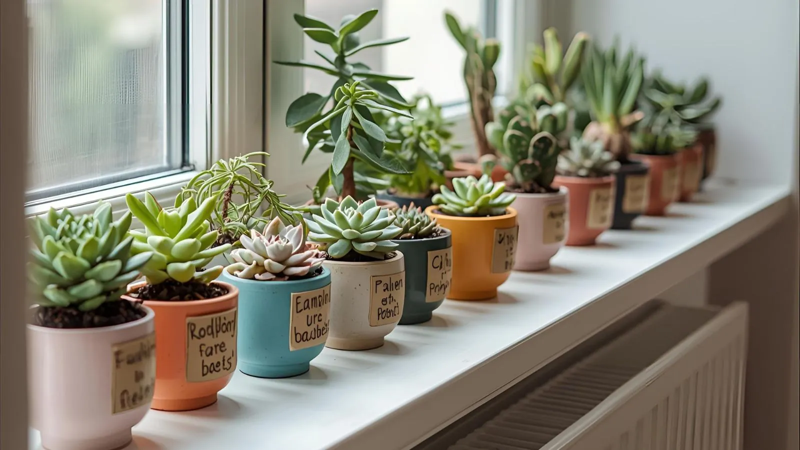 “Row of bright succulent plants in cute pots with playful handwritten labels on a sunlit windowsill.”