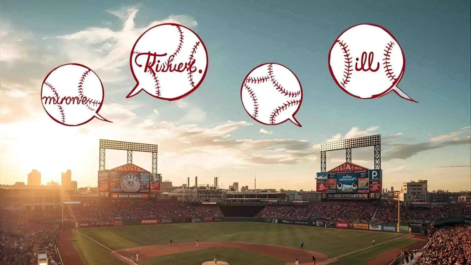 Fans laughing in a bright baseball stadium with comic-style speech bubbles showing baseball puns.