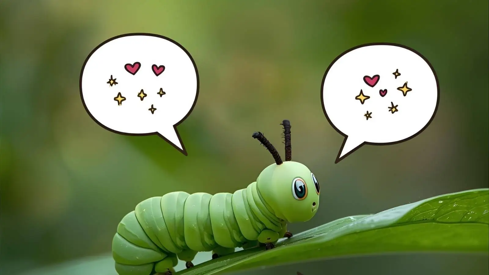 Cute green caterpillar on a leaf surrounded by playful doodle bubbles in a spring garden.