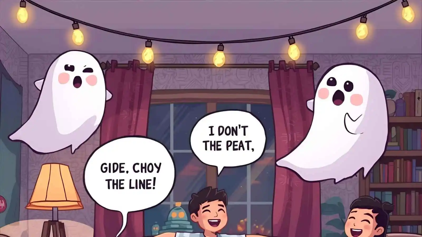 Friendly cartoon ghosts joking with people at a cozy house party, with playful ghost puns shown in speech bubbles.