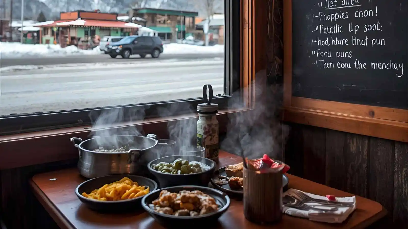 “Himalayan restaurant dining room with mountain view, colorful decor, and a chalkboard full of playful food puns.”