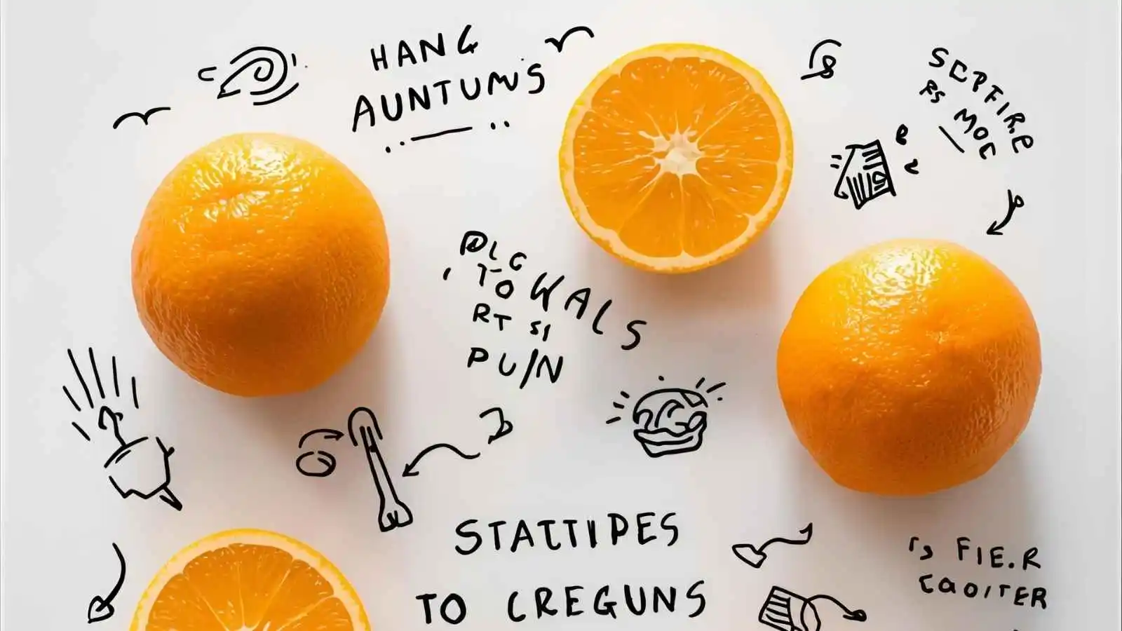 “Whole and sliced oranges on a bright surface with playful handwritten puns around them.”