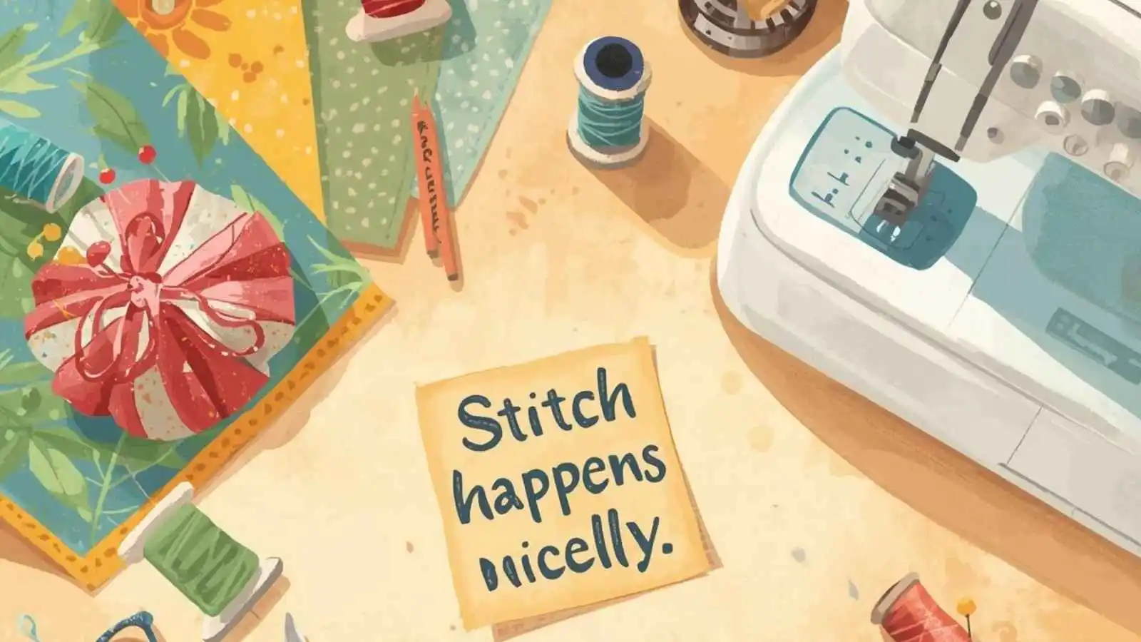 Sewing table with fabric, thread spools, scissors, and a sewing machine.