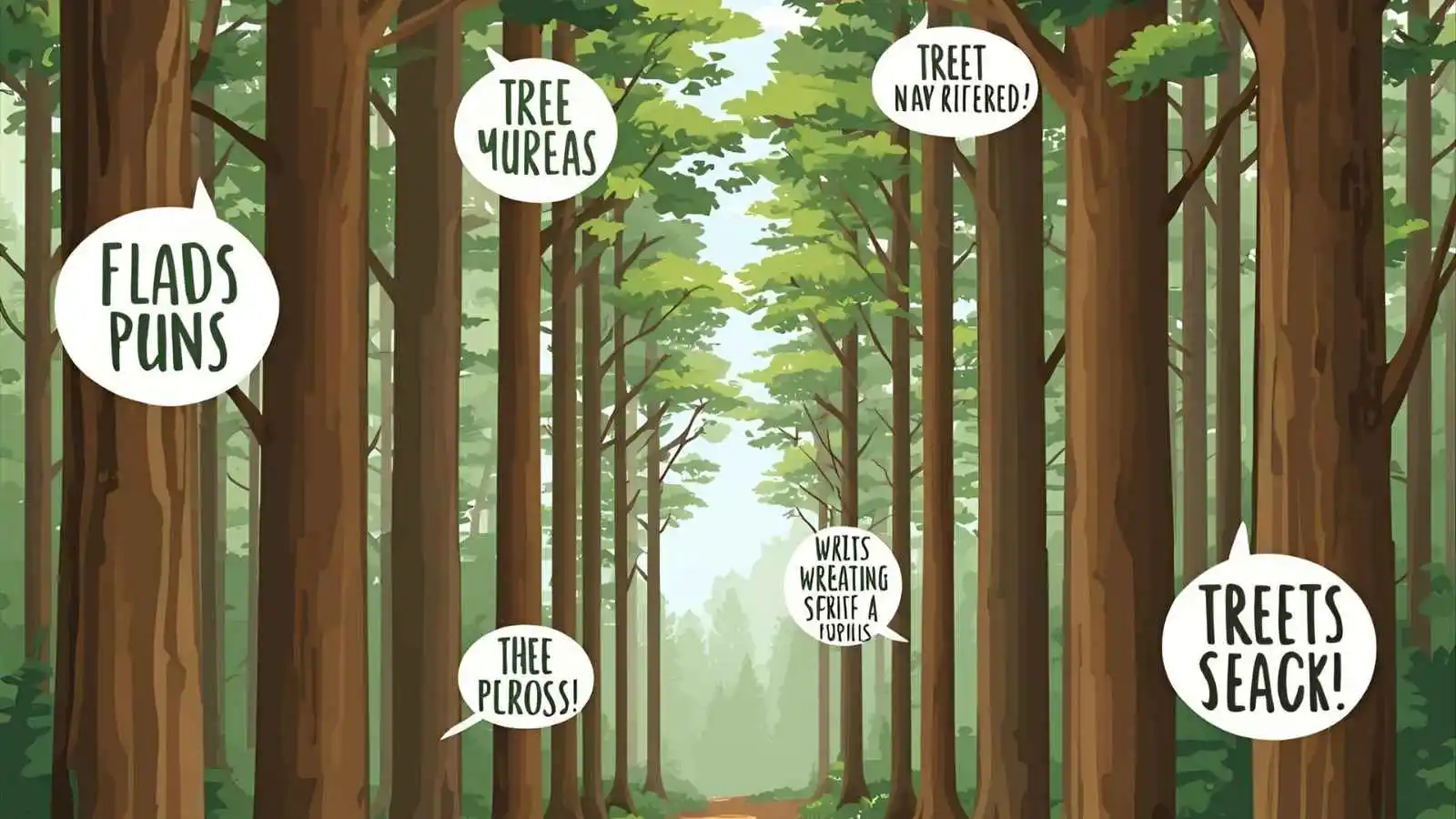 Sunlit forest path with tall trees, each tree displaying a playful tree pun in speech bubbles.