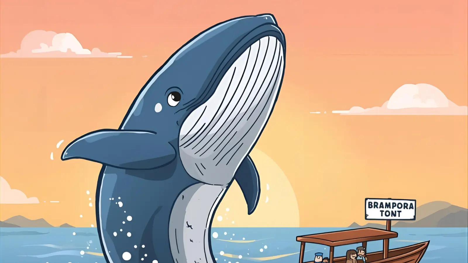 A friendly whale breaching near a tour boat at sunrise, matching a playful whale-pun theme.