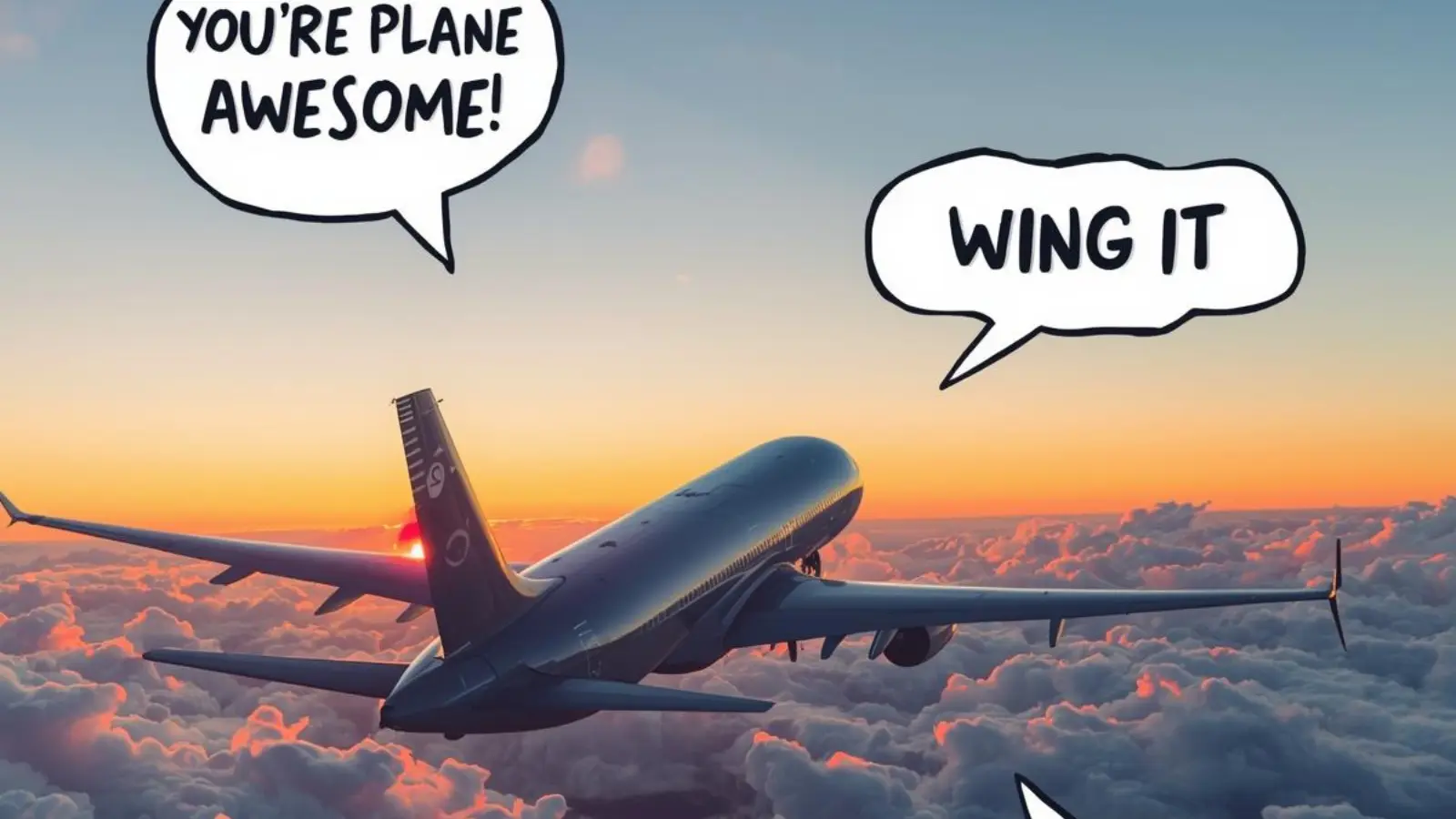 Airplane flying through beautiful clouds with hilarious original puns floating in speech bubbles.