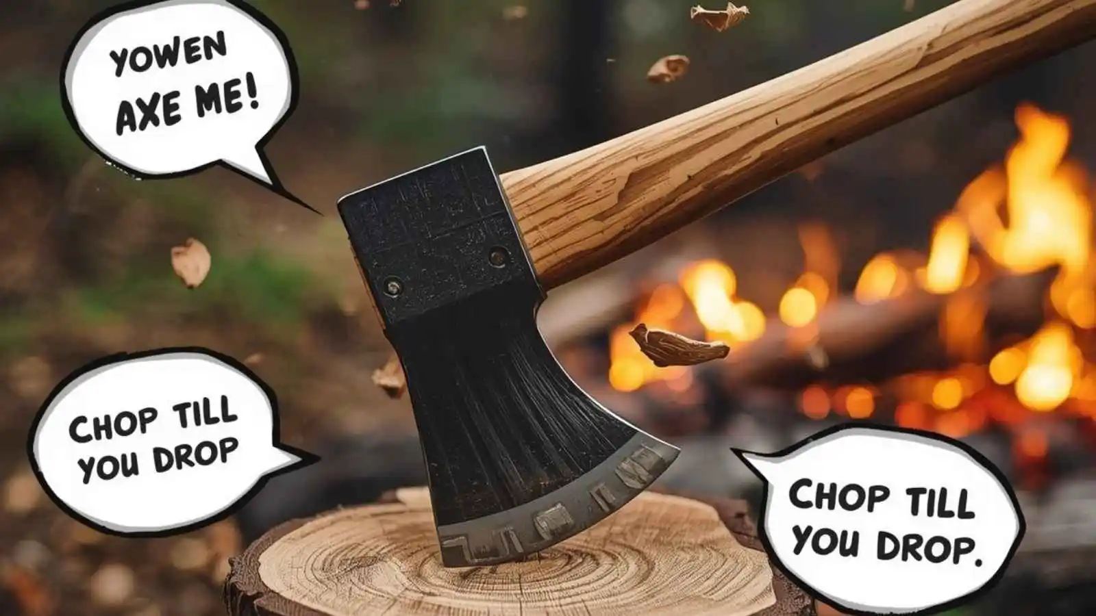 Rugged axe and wood chips with hilarious original puns floating in speech bubbles.