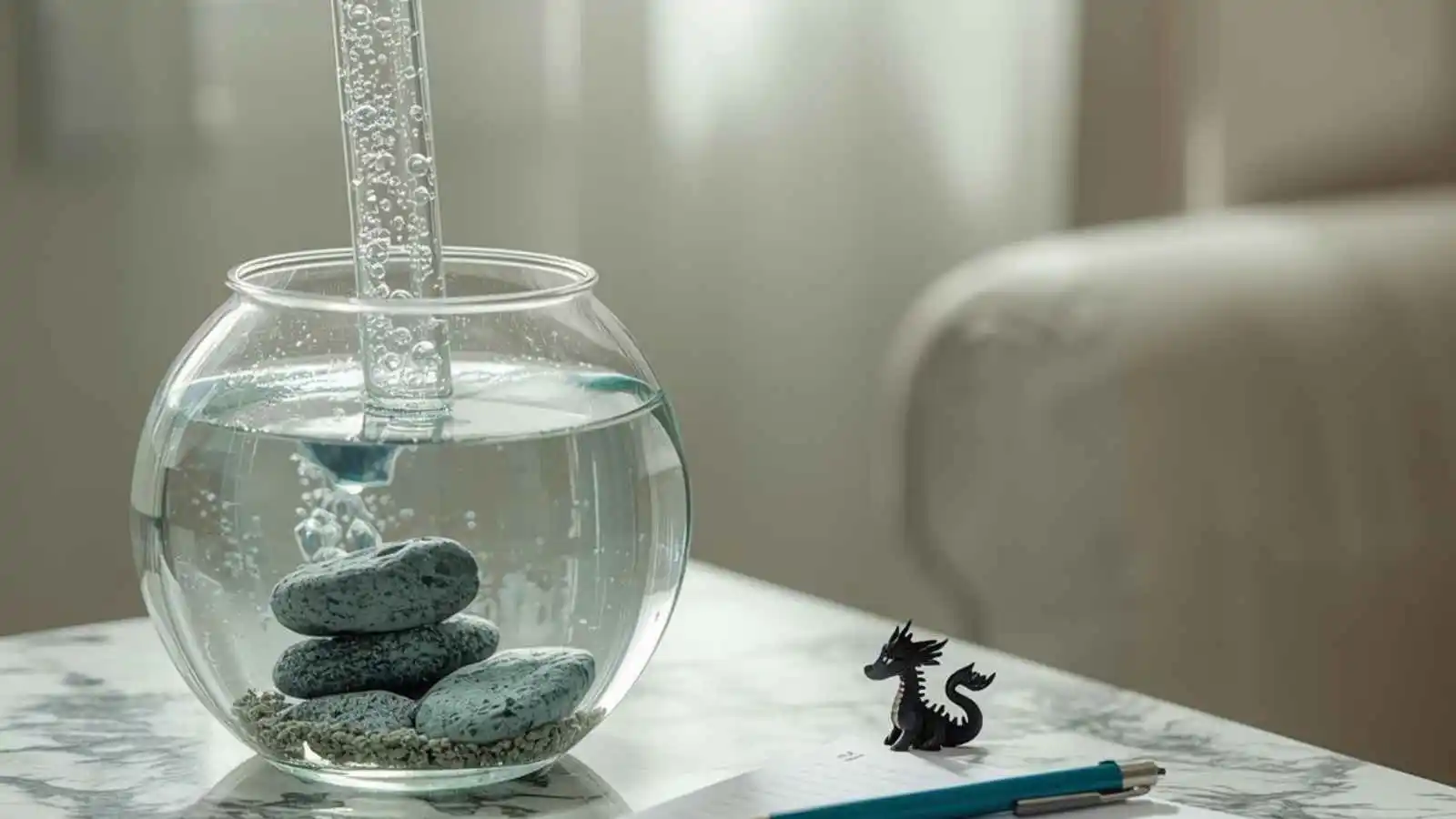 A small aquarium scene with bubbles, stones, and a blank note card.