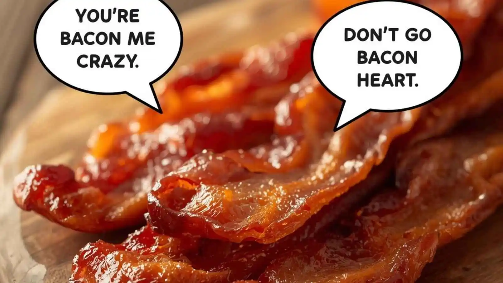 Crispy bacon strips with hilarious original puns floating in speech bubbles.