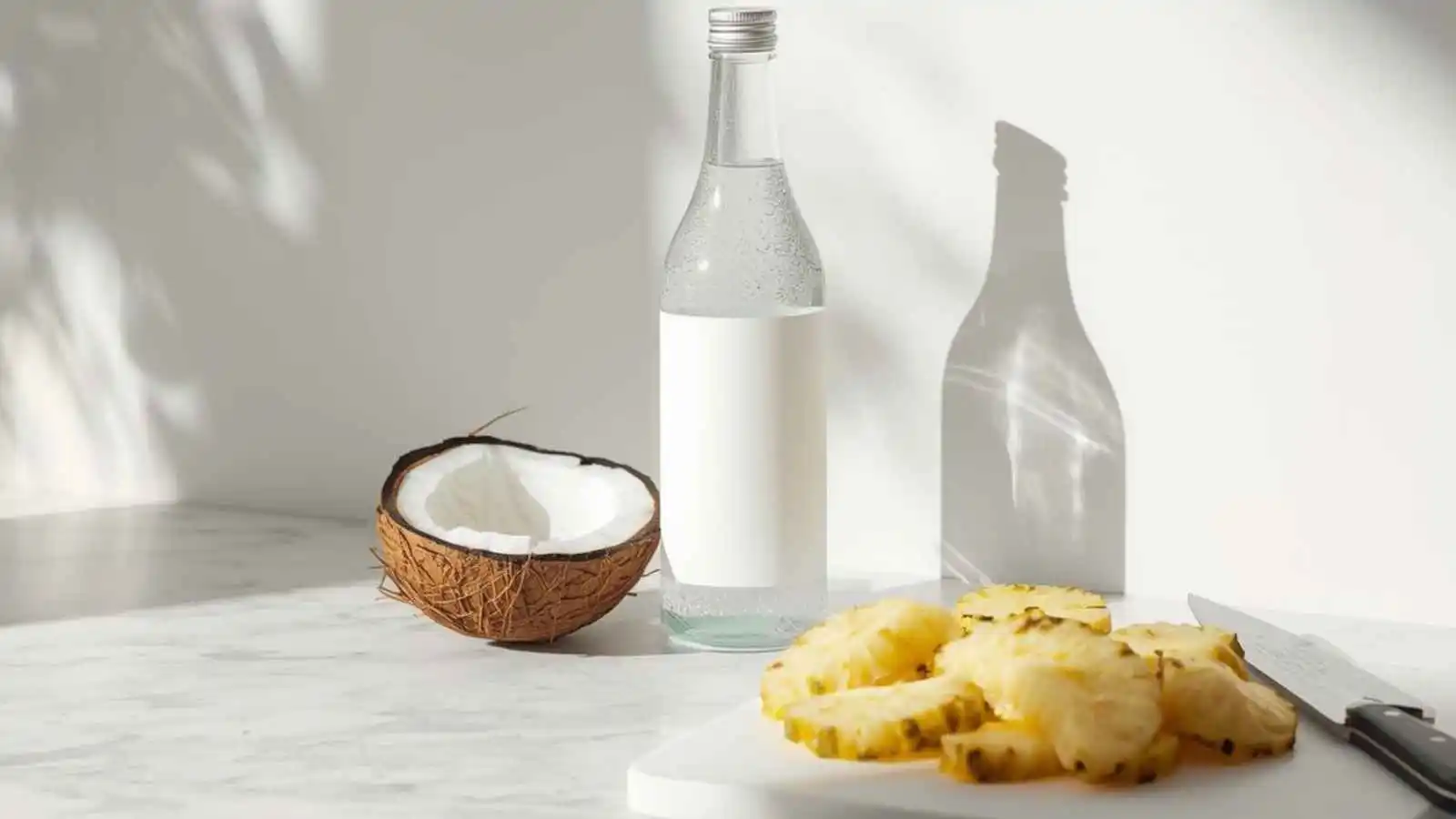 Coconut half and pineapple slices beside a chilled drink on a counter.