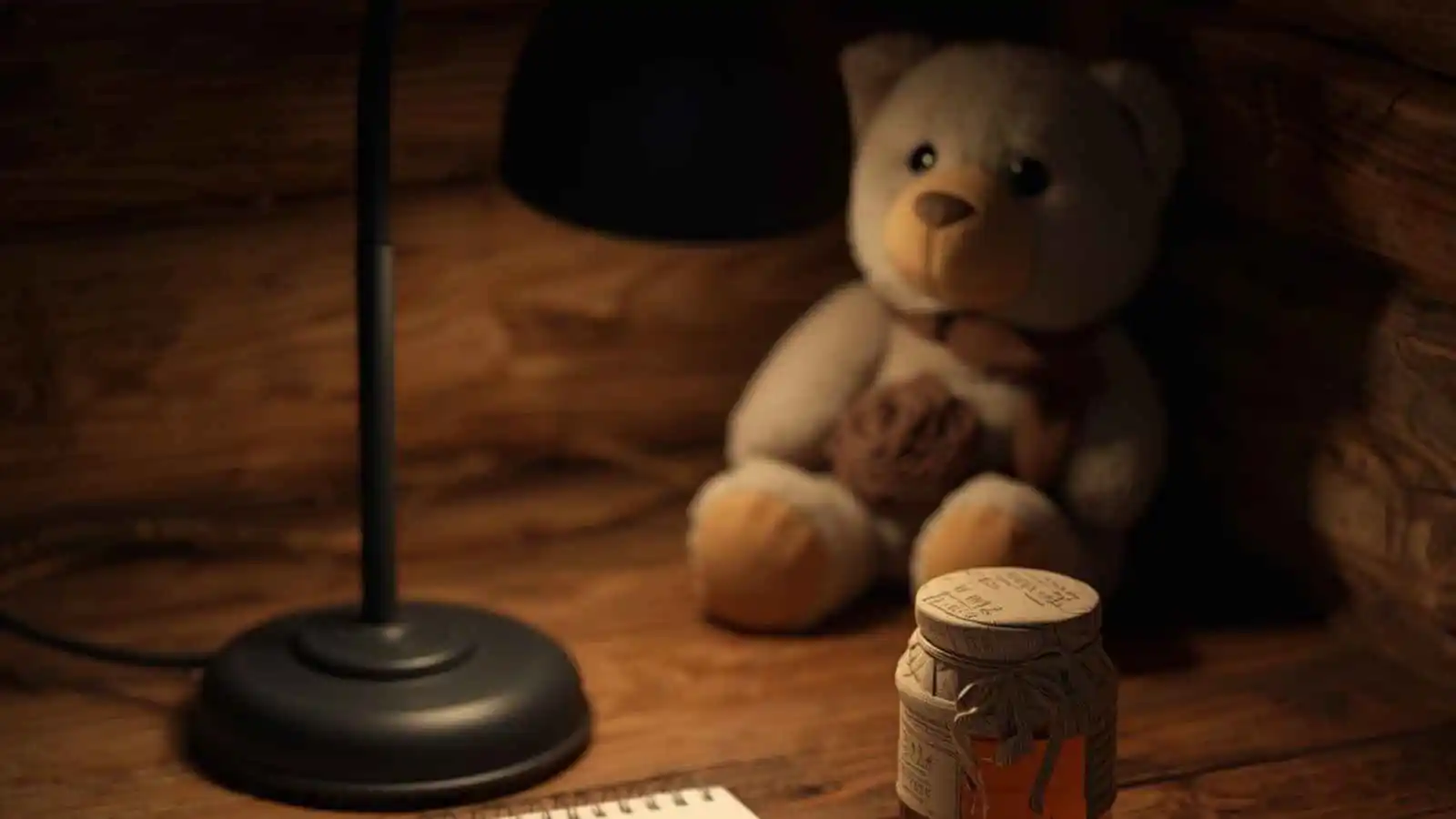 Notepad and pen on a cozy desk with a honey jar and a plush bear in the background.