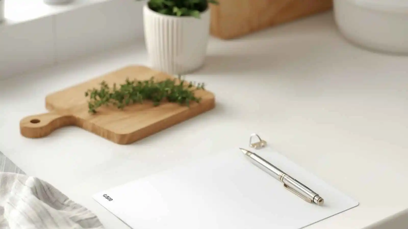 Blank notecard and pen on a kitchen counter with herbs and a covered dish.