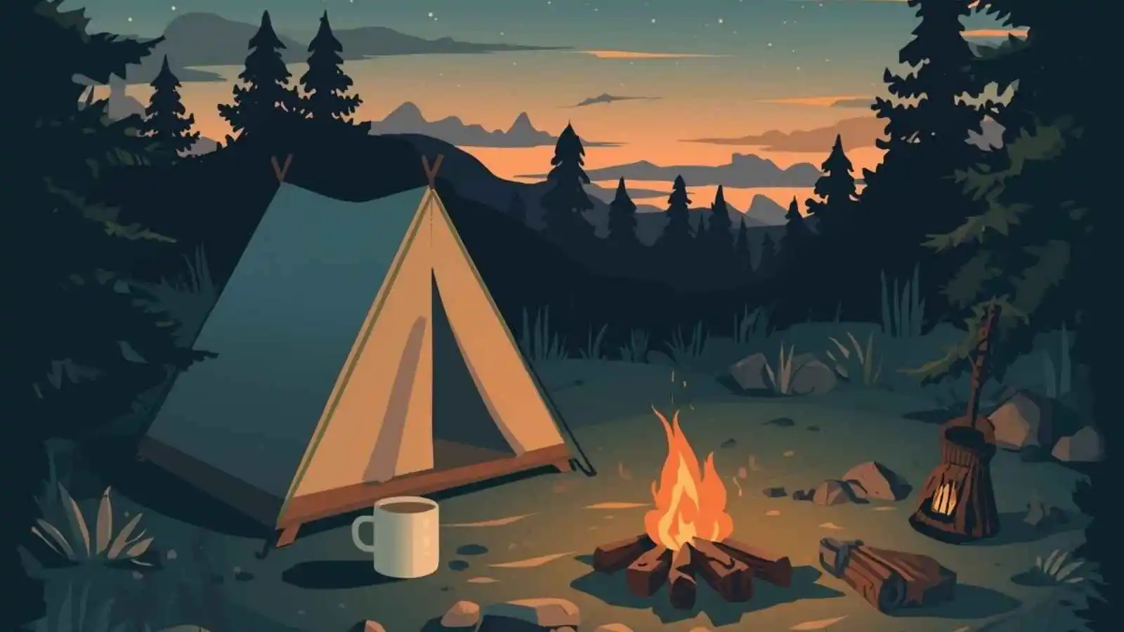 A tent and campfire at dusk with cocoa and stars in the background