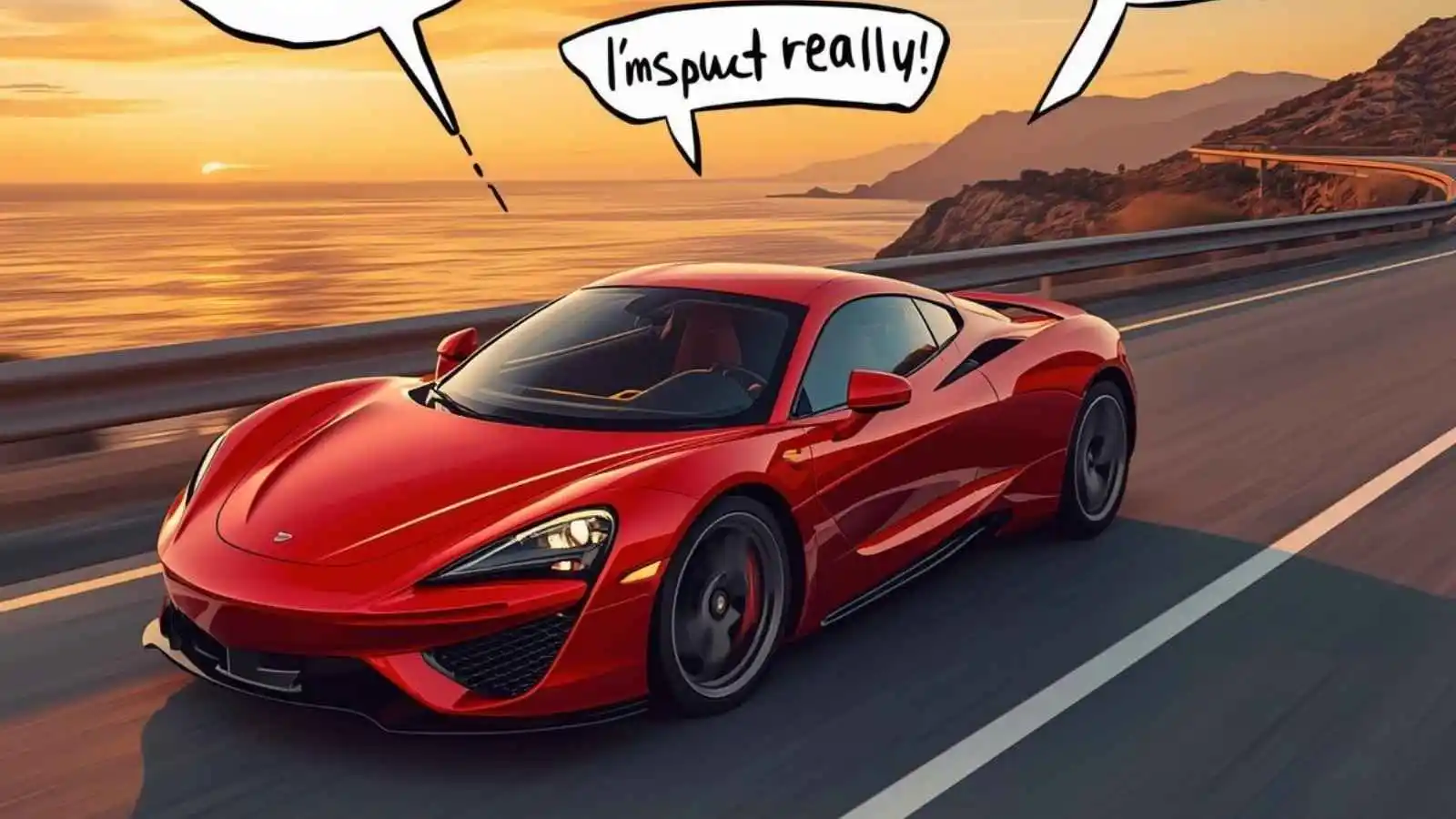 Shiny red sports car cruising with hilarious original car puns floating in speech bubbles.