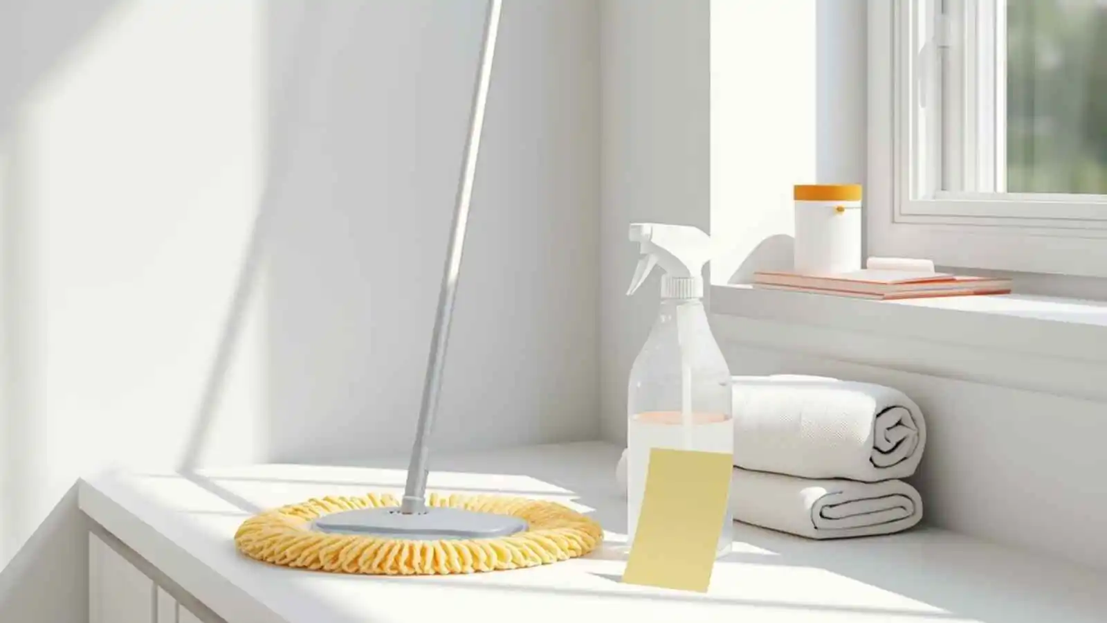 Sunny laundry-room counter with mop, towels, and spray bottle.