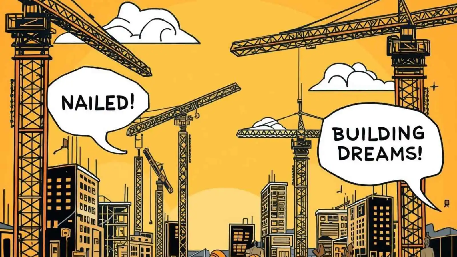 Construction site with hard hats and cranes with hilarious original puns floating in speech bubbles.