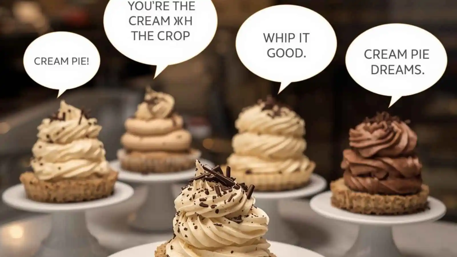 Decadent cream pies with fluffy whipped topping and hilarious original puns floating in speech bubbles.