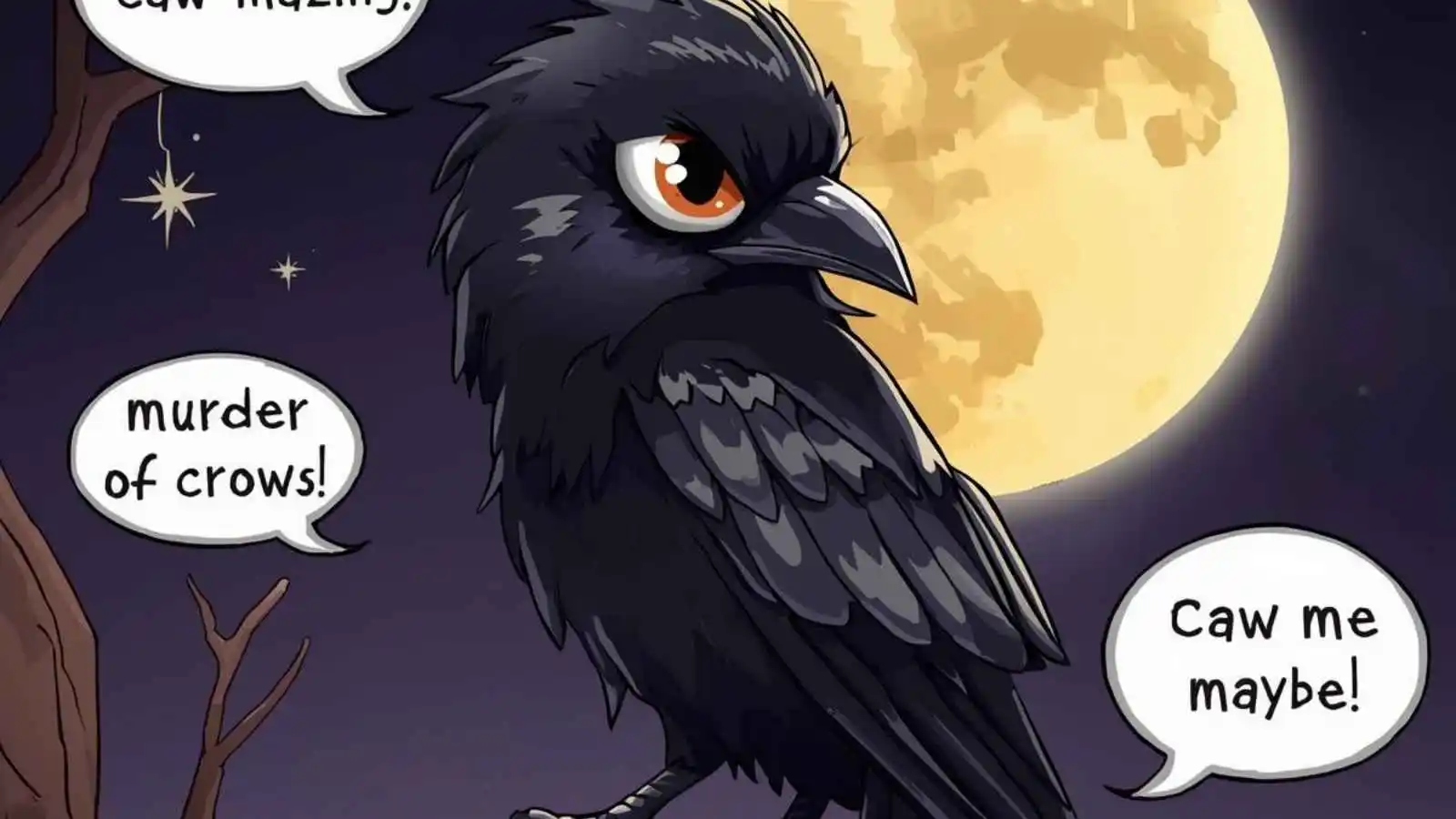 Sleek black crow on a moonlit branch with hilarious original puns floating in speech bubbles.
