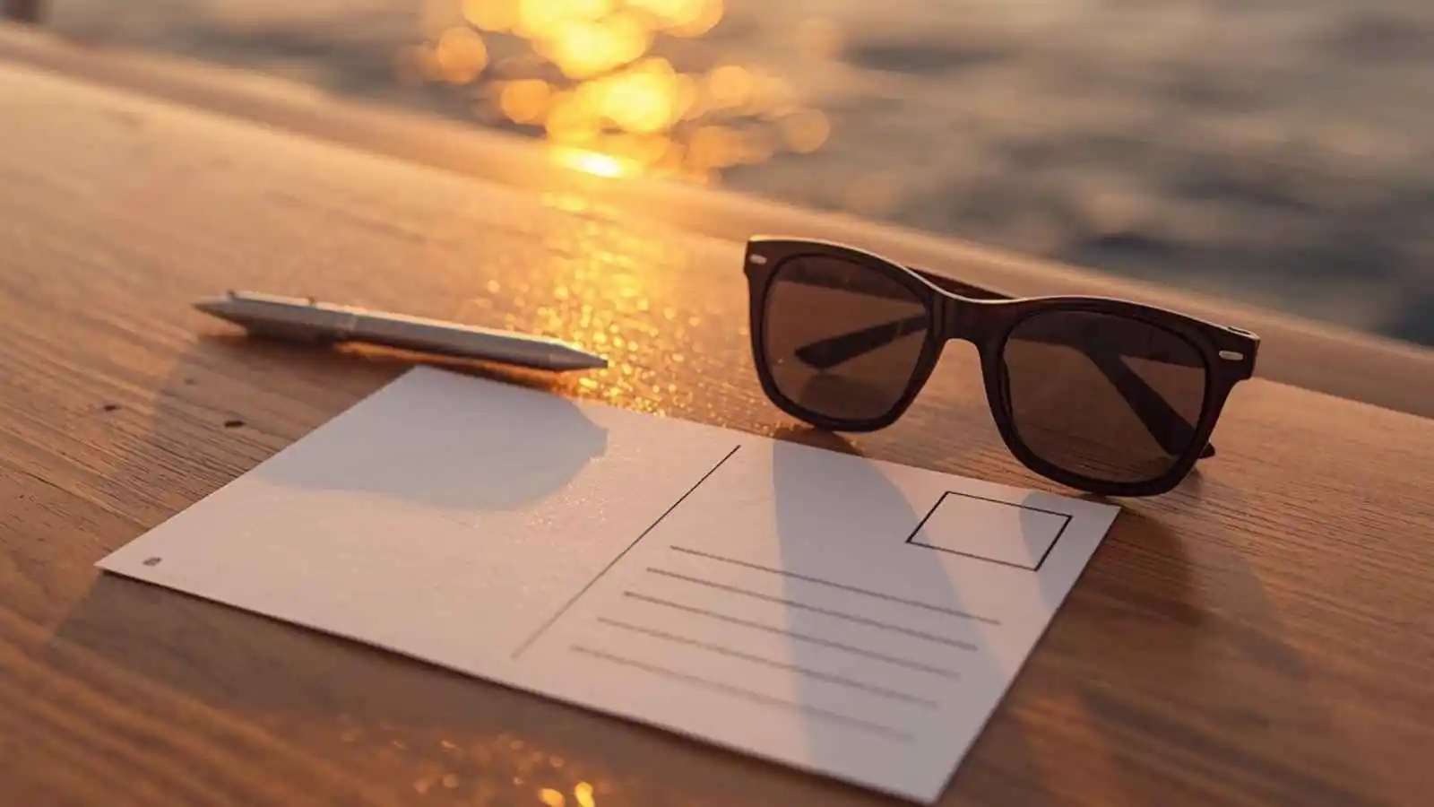 Blank postcard on a cruise-deck table with ocean horizon.