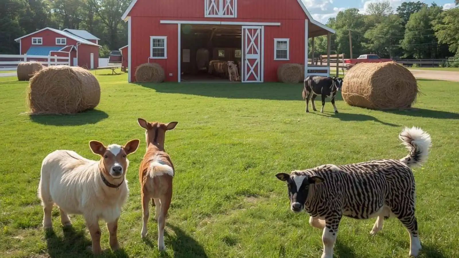 Sunny farmyard scene with barn, hay bales, and smiling animals posing for a playful photo.