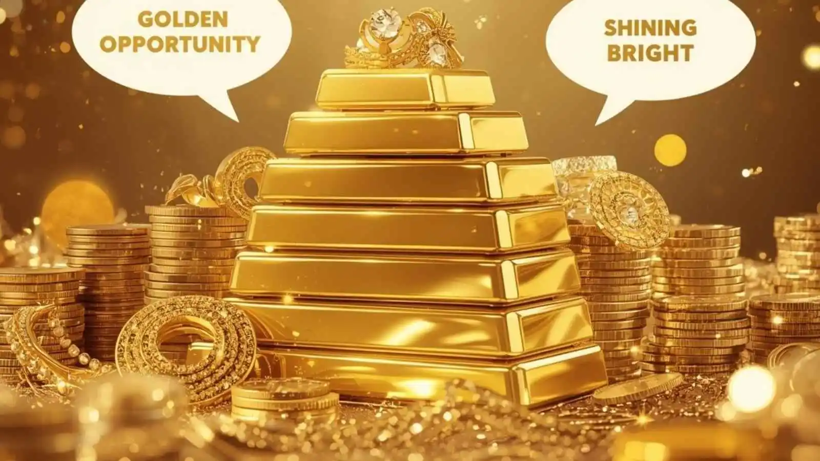 Shimmering gold bars and coins with hilarious original puns floating in speech bubbles.