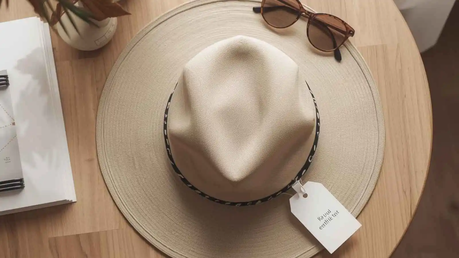 Neutral hat on a wooden table with sunglasses and a blank tag card.