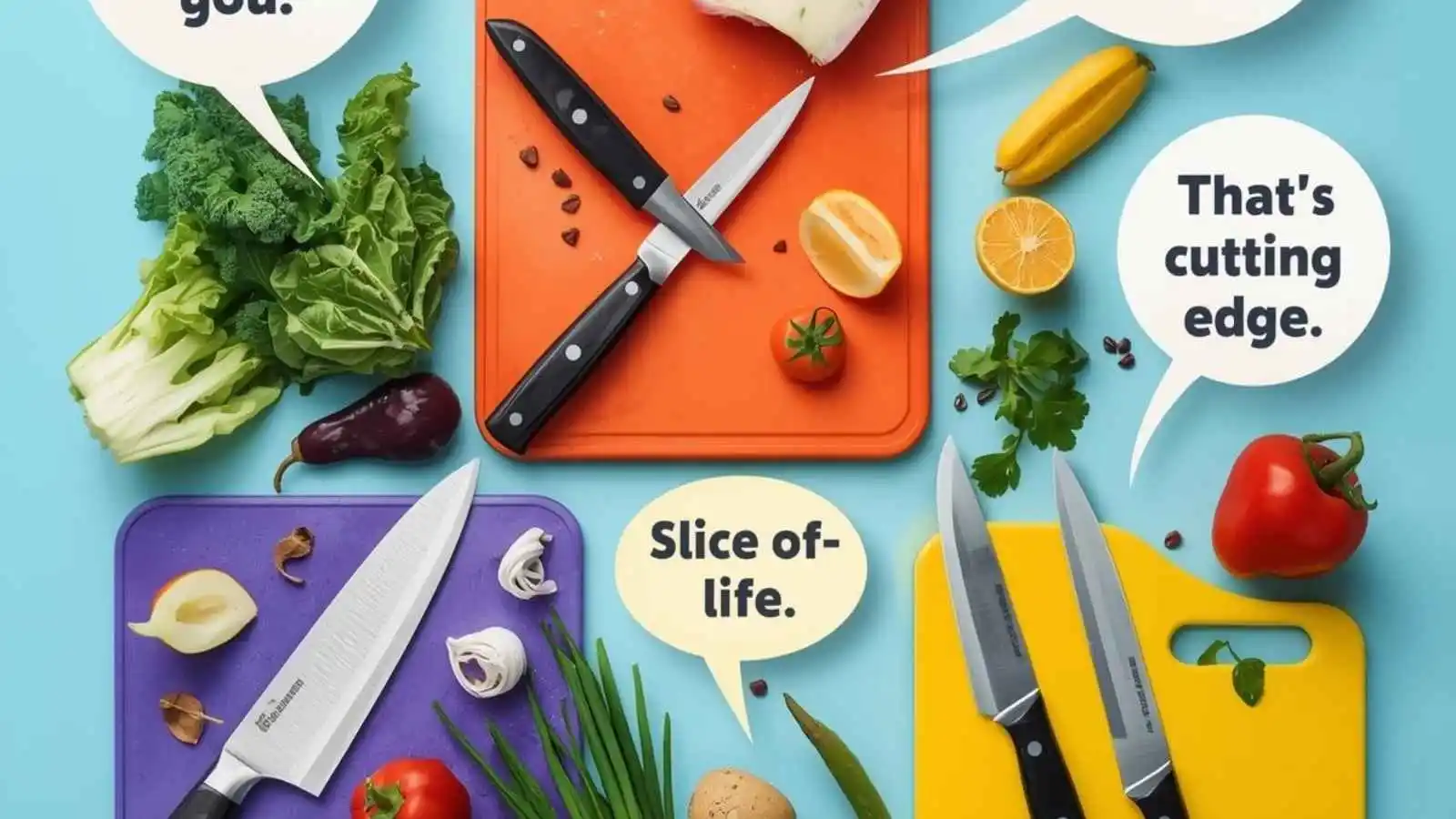 Colorful kitchen setup with hilarious original knife puns in speech bubbles.