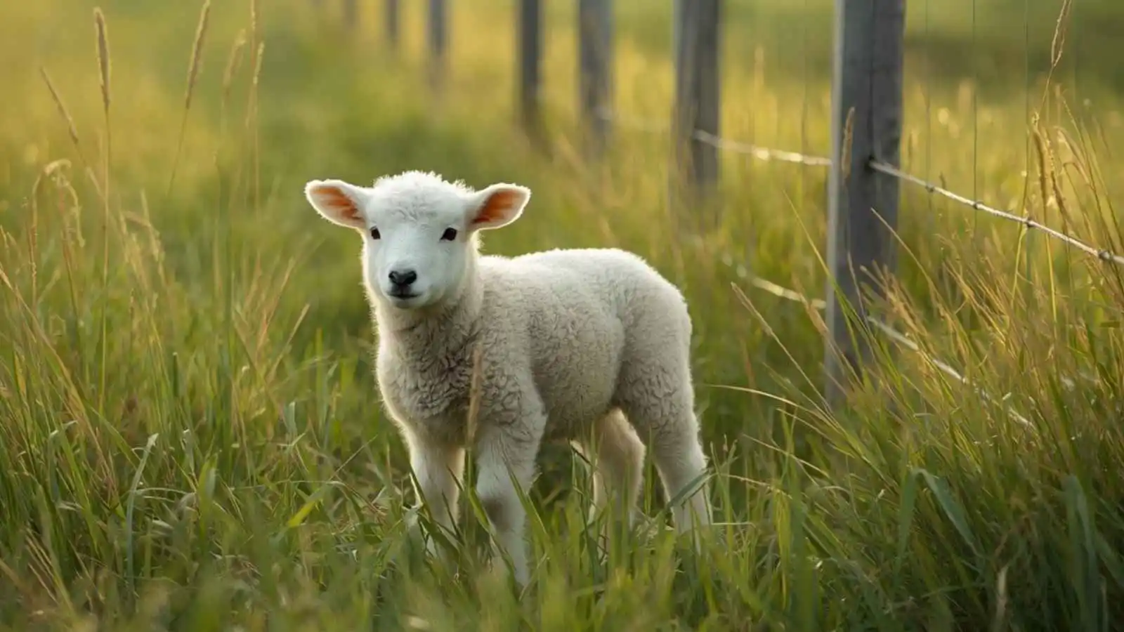 A fluffy lamb standing in tall grass near a wooden fence.