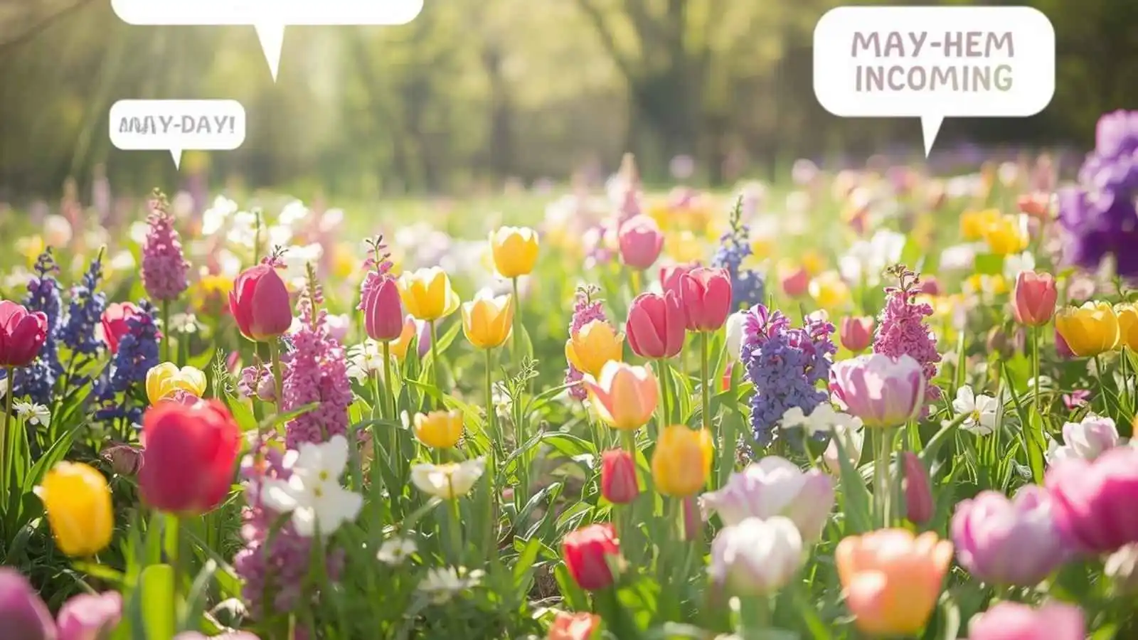 Vibrant May flowers in full bloom with hilarious original puns floating in speech bubbles.
