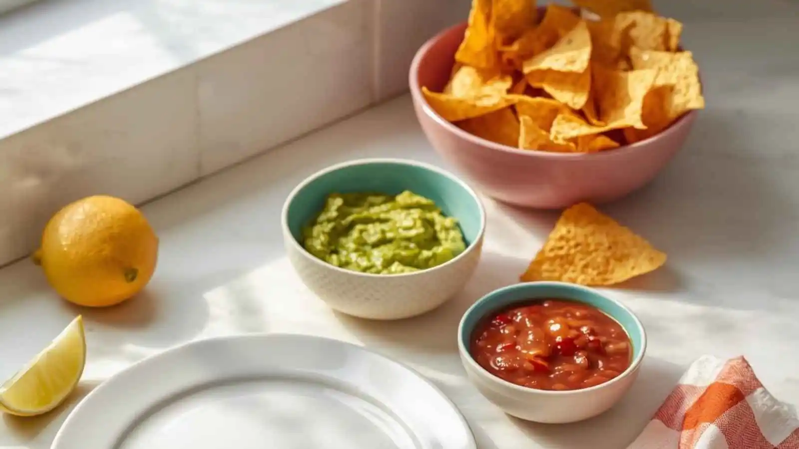 Chips with bowls of guacamole and salsa on a bright kitchen counter.