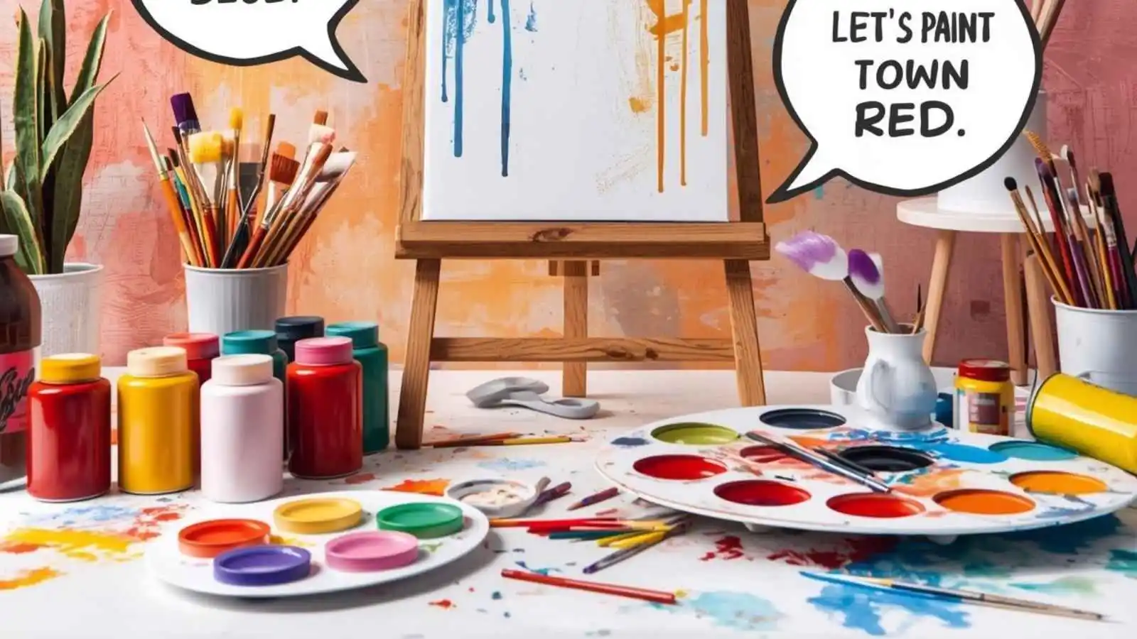 Vibrant paint cans and brushes with hilarious original puns floating in speech bubbles.