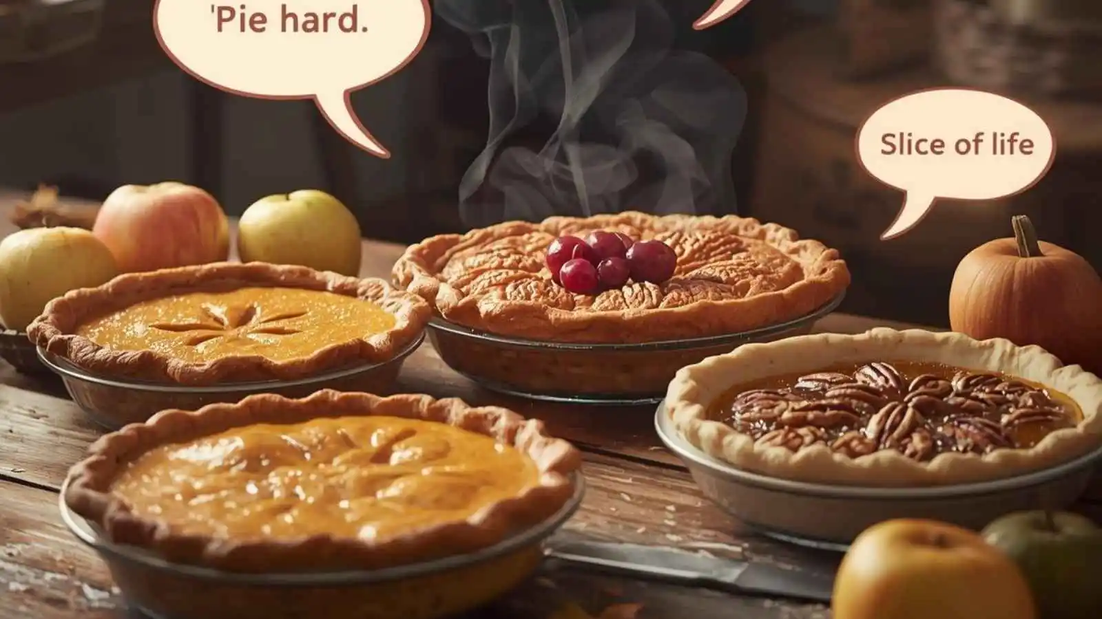 Delicious assortment of pies with hilarious original puns floating in speech bubbles.