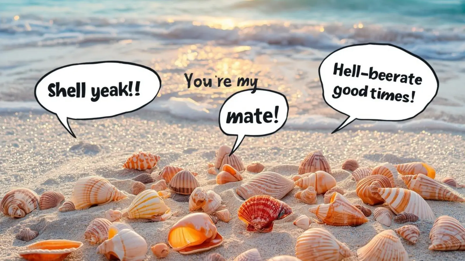 Beautiful seashells on a sandy beach with hilarious original puns floating in speech bubbles.