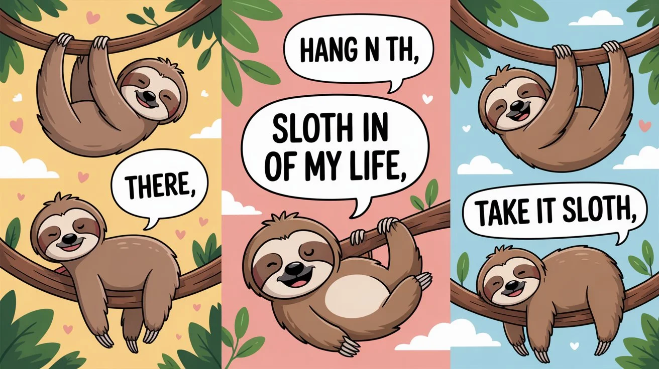 Adorable cartoon sloths hanging around with hilarious original puns in speech bubbles.