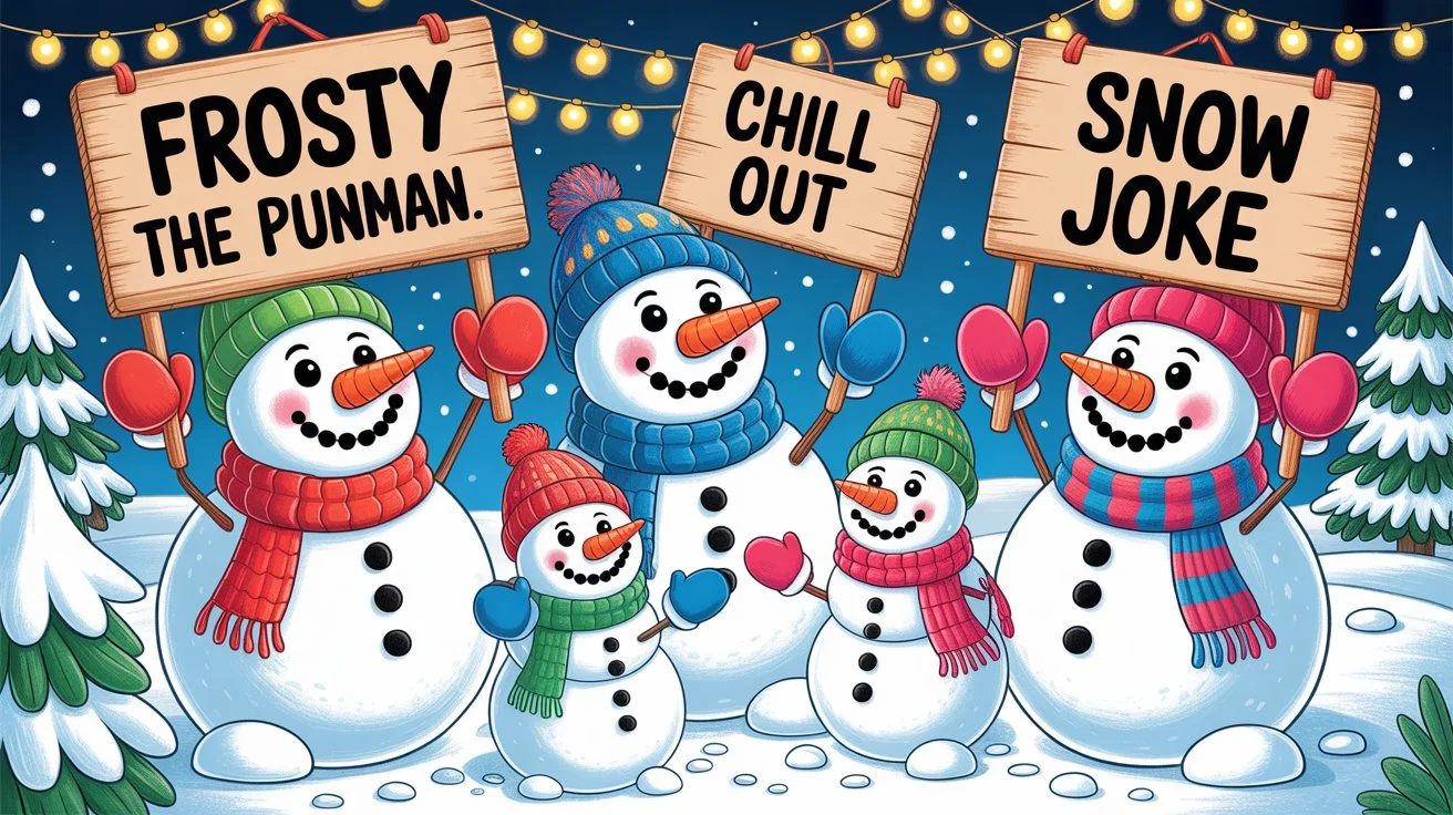 Adorable cartoon snowmen hanging out with hilarious original puns in speech bubbles.