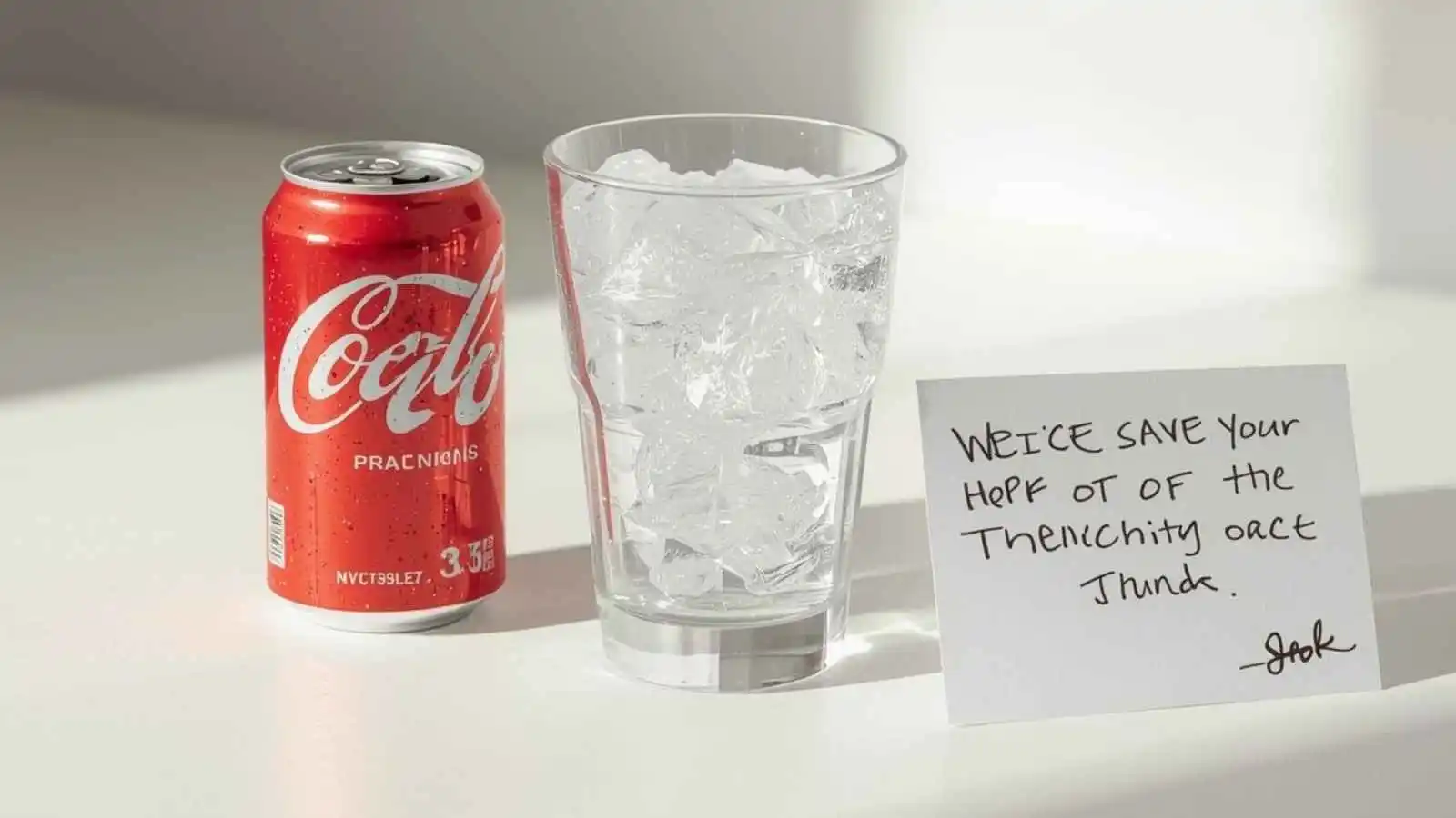 A chilled soda can and bubbly glass beside a blank note card
