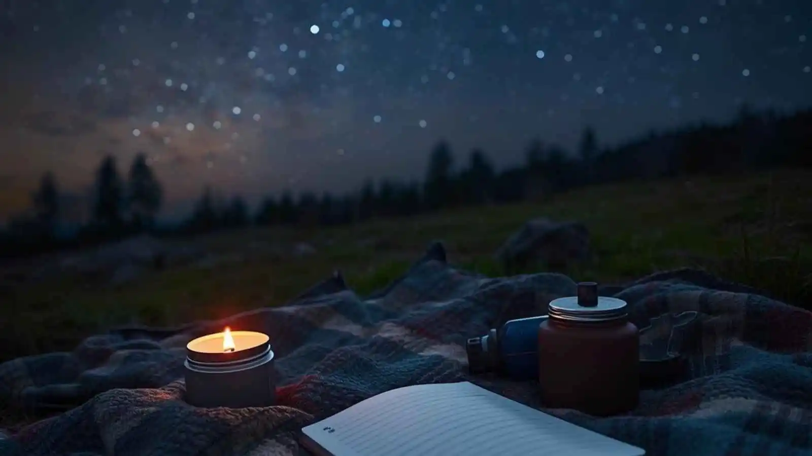 Notebook on a blanket under a starry night sky.