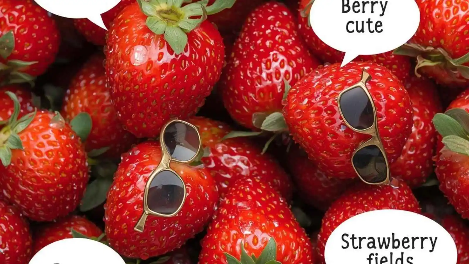 Pile of shiny fresh strawberries with hilarious original puns floating in speech bubbles.