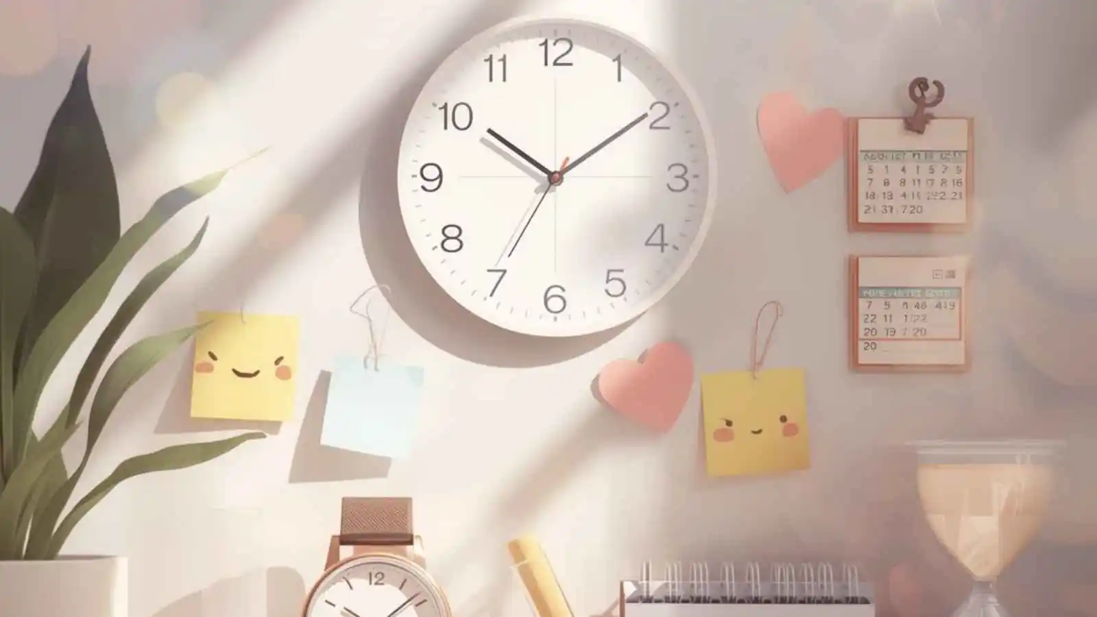 Desk with clock, watch, calendar, and hourglass in a playful setup