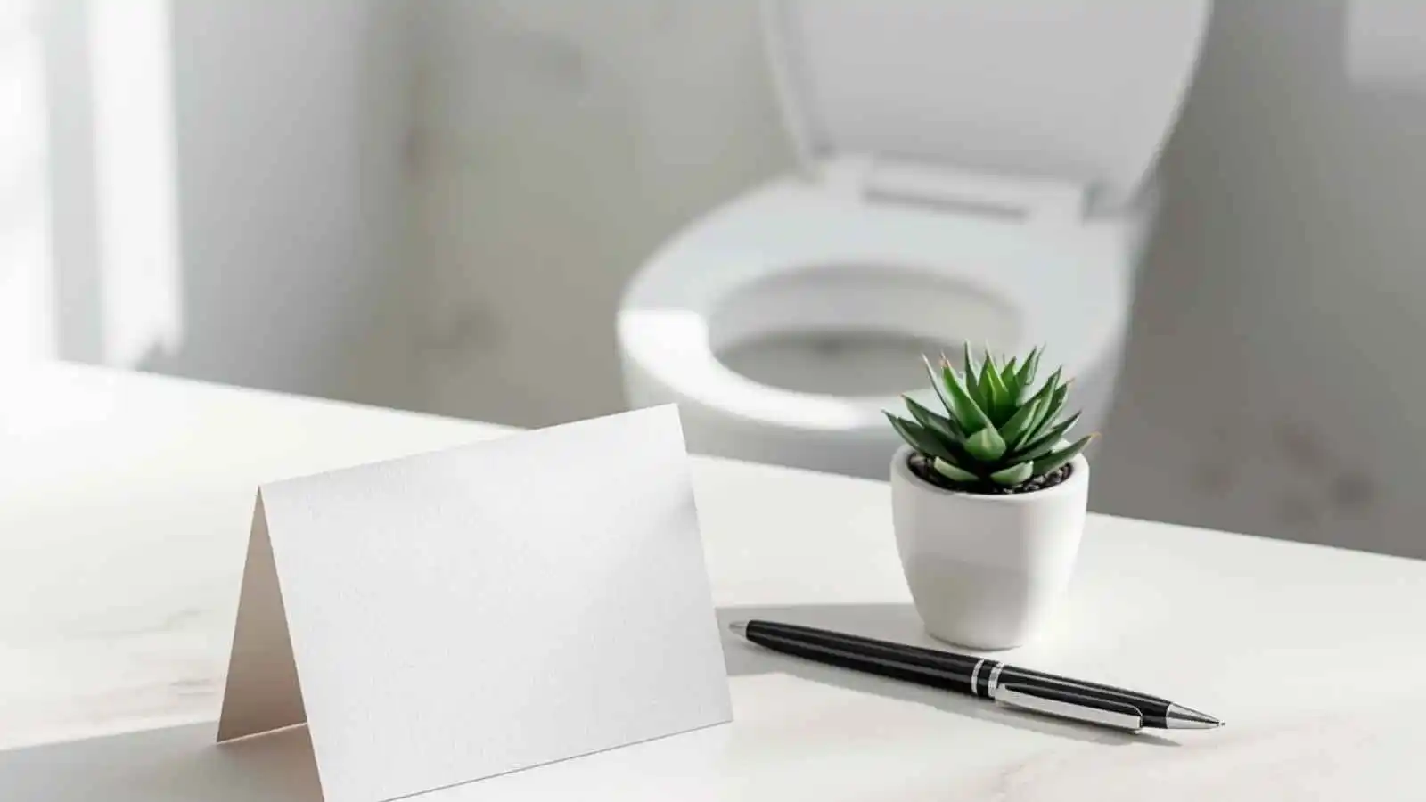 Blank note card and pen on a bathroom counter with a blurred closed toilet in the background.