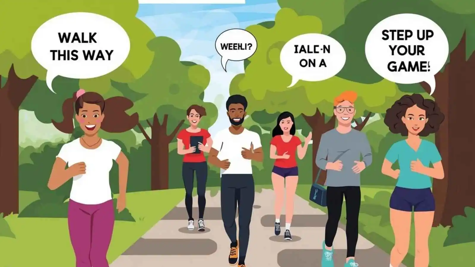 Happy people walking on a sunny path with hilarious original puns floating in speech bubbles.