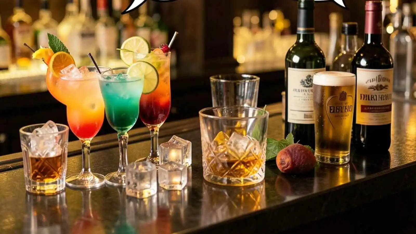 Elegant bar setup with cocktails and glasses with hilarious original alcohol puns floating in speech bubbles.