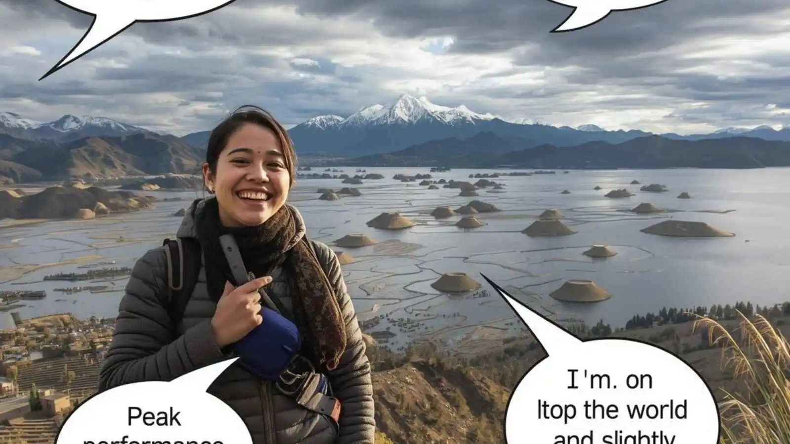 Breathtaking view of Lake Titicaca from Puno with funny altitude puns floating in speech bubbles.