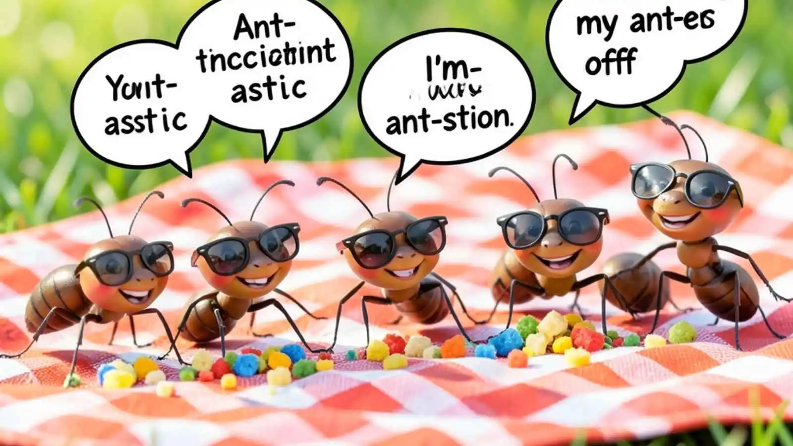 Line of cute cartoon ants marching with hilarious original puns floating in speech bubbles.