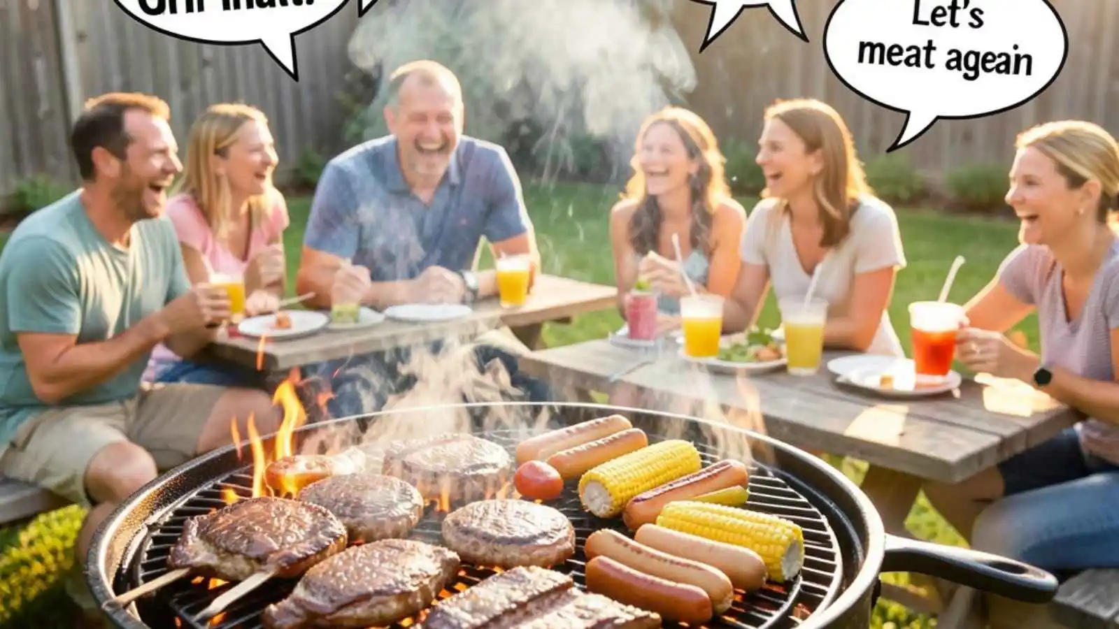 Smoking hot grill loaded with food and hilarious original BBQ puns floating in speech bubbles.