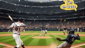 Baseball player swinging with hilarious original puns floating in speech bubbles.
